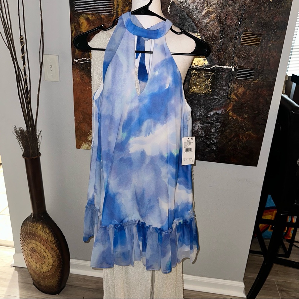 Aidan Mattox Blue and White Asymmetrical Mini Dress